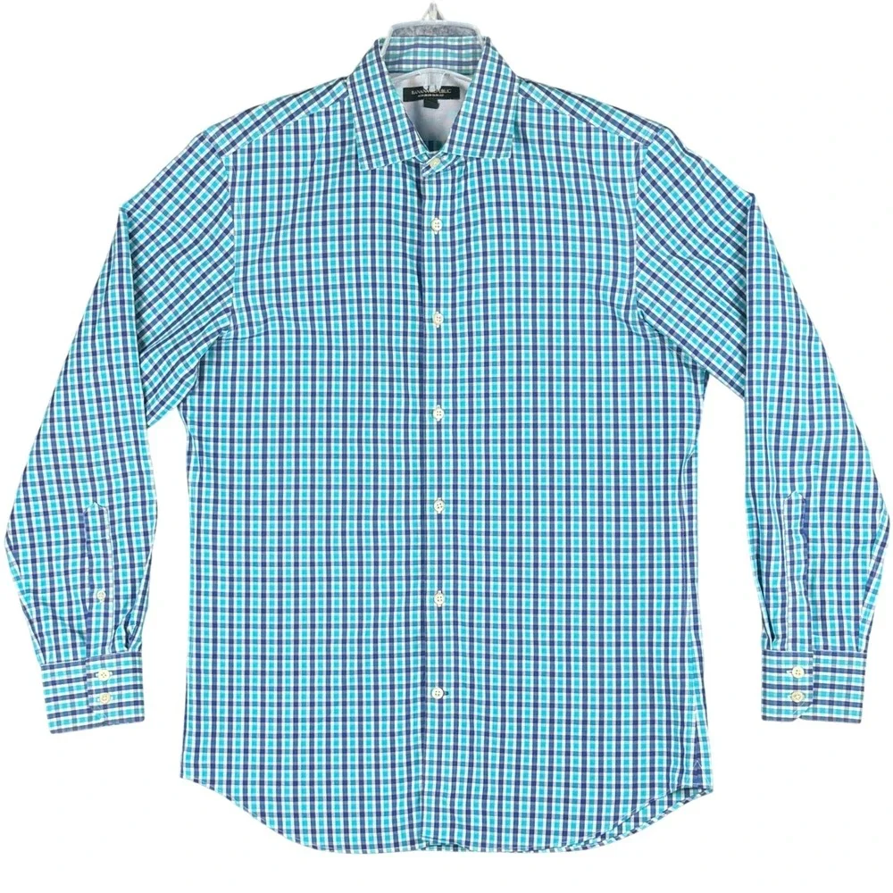 Banana‎ Republic Men's M Slim Fit Non-Iron Shirt Teal Blue Gingham Office Work